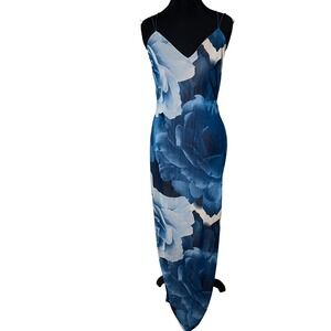 Lovely Day Y2K Blue Floral Maxi Dress V-Neck Open Back Spaghetti Strap Sz Large